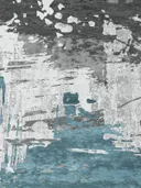 Abstract schilderij met grijze textuur, teal vlek en koraalrode accenten