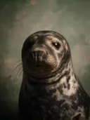 Studioportret van Grijze Zeehond van voren, tegen een geschilderd doek in salie
