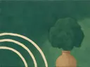 Groen boeket in een kleine vaas op denneblauw, botanisch schilderij