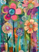 Collageschilderij met grote roze en koraalkleurige bloemen op lange stelen met spiraalvormige decoraties op groene achtergrond