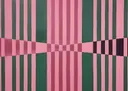 Abstract schilderij met verticale groene en roze strepen in een geometrisch patroon