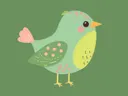 Illustratie van een groen vogeltje met roze stippen op groene achtergrond, kinderkamer schilderij