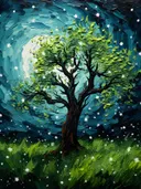 Groene boom in de sterrennacht, landschap schilderij