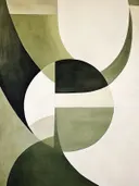 Abstract geometrisch schilderij met halve cirkels in olijfgroen en crème.