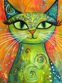 Groene kat met spiraalpatroon, popart schilderij