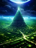 Groene piramide in het landschap, dieren schilderij