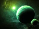Groene planeet en maan in nevel