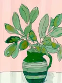 Groene plant in kruik schilderij, botanische illustratie
