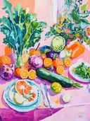 Schilderij van een tafel vol groenten en fruit waaronder kool, aubergine en courgette.