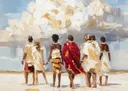 Schilderij van een groep mensen die wegloopt richting een grote wolkenformatie