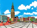 Groningen, Grote Markt in cartoonstijl, schilderij van Groningen
