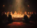 Schilderij van een groot banket met veel gasten aan een tafel vol kaarsen