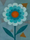 Schilderij van grote bloem van dichtbij in aqua en warm grijs