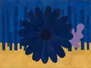 Schilderij van grote bloem van dichtbij in kobalt en saffraan, in vlakke kleurvlakken