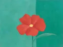 Schilderij van grote bloem van dichtbij in koraalrood en zeegroen, in vlakke kleurvlakken