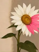 Schilderij van grote bloem van dichtbij in olijf en roze, in vlakke kleurvlakken