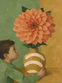 Schilderij van grote bloem van dichtbij in salie en oker, in vlakke kleurvlakken