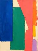 Paletmes abstract schilderij, grote blokken in fel koraal