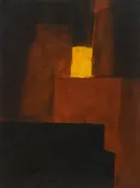 Paletmes abstract schilderij, grote blokken in saffraan en roest