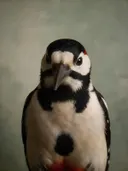 Studioportret van Grote Bonte Specht van voren, tegen een geschilderd doek in salie