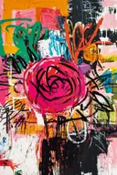 Schilderij van een grote magenta roos met graffiti-achtige achtergrondkrabbels