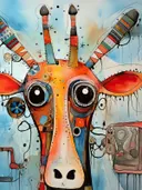 Schilderij van een antilope met grote zwarte ogen en oranje gezicht op blauwe achtergrond