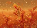 Schilderij van grote oranje fantasiebloemen in een duinlandschap