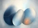 Nevel schilderij, grote organische vorm in Zilver en Ijsblauw