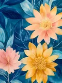 Grote perzikkleurige en gele bloemen met roze bloem tegen een donkerblauwe bladerachtergrond