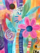 Groot roze bloemschilderij met blauw gespikkeld hart op gestreepte achtergrond