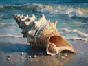 Schilderij van een grote schelp aan zee