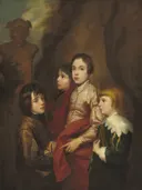 Group of Four Boys van Naar Sir Anthony van Dyck: portret met kinderen, jongens, rode mantel en kraag, in donker bruin met rood