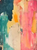 Abstract schilderij met verweerde kleurvlakken in geel, roze en blauwgroen