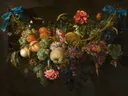 Guirlande met vruchten van Jan Davidsz. de Heem: stilleven met fruit, bloemen, druiven en guirlande, in donker met rood en groen