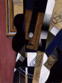 Guitar and Pipe van Juan Gris: stilleven met gitaar, pijp, tafel en kubisme, in donkerblauw en bordeaux