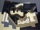 Guitare et clarinette (Guitar and Clarinet) (1920) van Juan Gris: stilleven met gitaar, klarinet, muziek en tafel, in zwart, wit en blauw