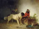 Gute Freunde van Carl Pischinger: dieren met hond, aap, haan en stal, in warm bruin met wit
