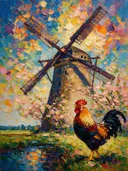 Haan bij de molen in bonte kleuren, landschap schilderij