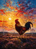 Haan bij zonsondergang op de heide, landschap schilderij