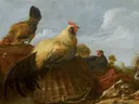 Haan en kippen in een landschap van Gijsbert d'Hondecoeter: dieren met haan, kippen, kuikens en wolken, in warm bruin en wit