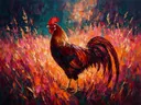 Haan in karmijn, schilderij van haan, met het paletmes geschilderd