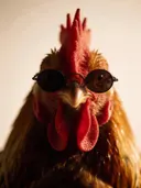 Studiofoto van haan met zonnebril in crème, tegen een achtergrond in crème