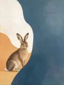 Schilderij van haas in grijsblauw en abrikoos, in vlakke kleurvlakken