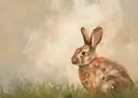 Schilderij van een bruine haas met grote oren zittend in gras met bloemetjes
