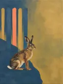 Schilderij van haas in kobalt en oker, in vlakke kleurvlakken