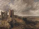 Hadleigh Castle, The Mouth of the Thames--Morning after a Stormy Night van John Constable: landschap met kasteel, ruïne, riviermonding en wolken, in gedempt grijs en beige