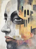 Gezicht half realistisch met zwarte oogmake-up, half abstract met kleurvlakken en zwarte vormen
