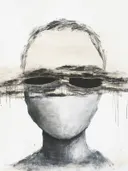 Surrealistisch grijstinten schilderij van een gezicht dat half boven een donkere horizonlijn uitsteekt