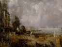 Half-size Sketch for The Opening of Waterloo Bridge (“Whitehall Stairs, June 18, 1817') van John Constable: stad met rivier, brug, boten en menigte, in warm bruin met blauw