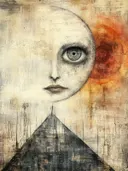 Surrealistisch schilderij van een half gezicht met groot oog boven een piramide met een kleine figuur
